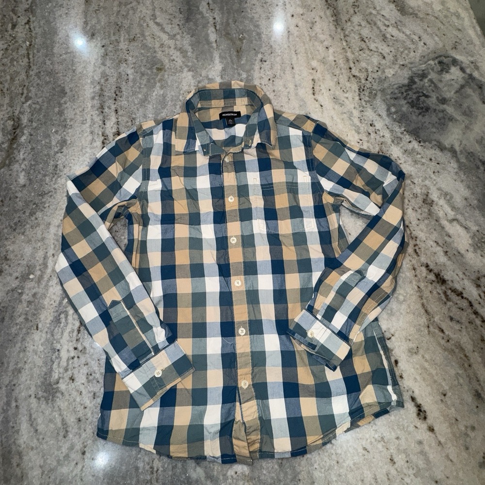 Nordstrom Button Down Plaid Boys Youth Shirt Size XL 14/16 Tan Blue
